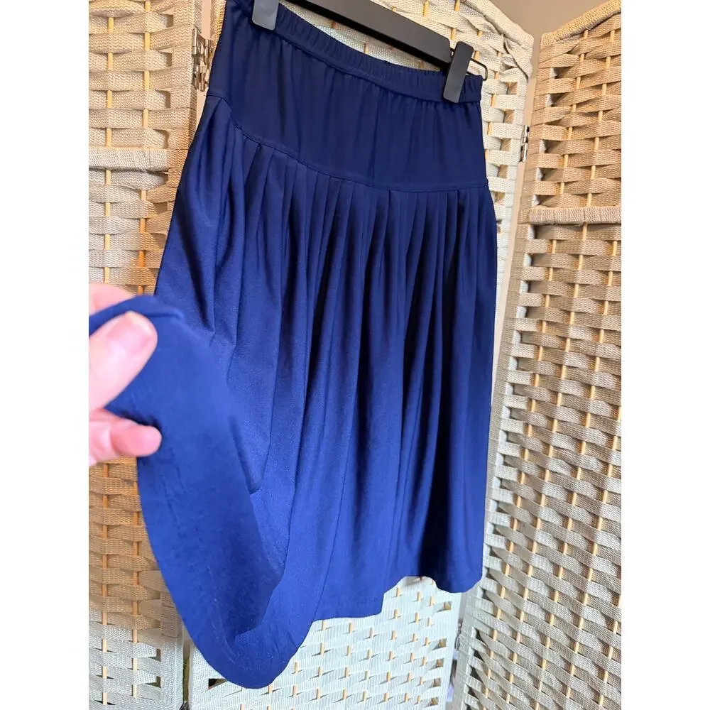 Ounce Women's Size 12 Navy Blue Pleated Midi Skirt Stretch Elastic Waist